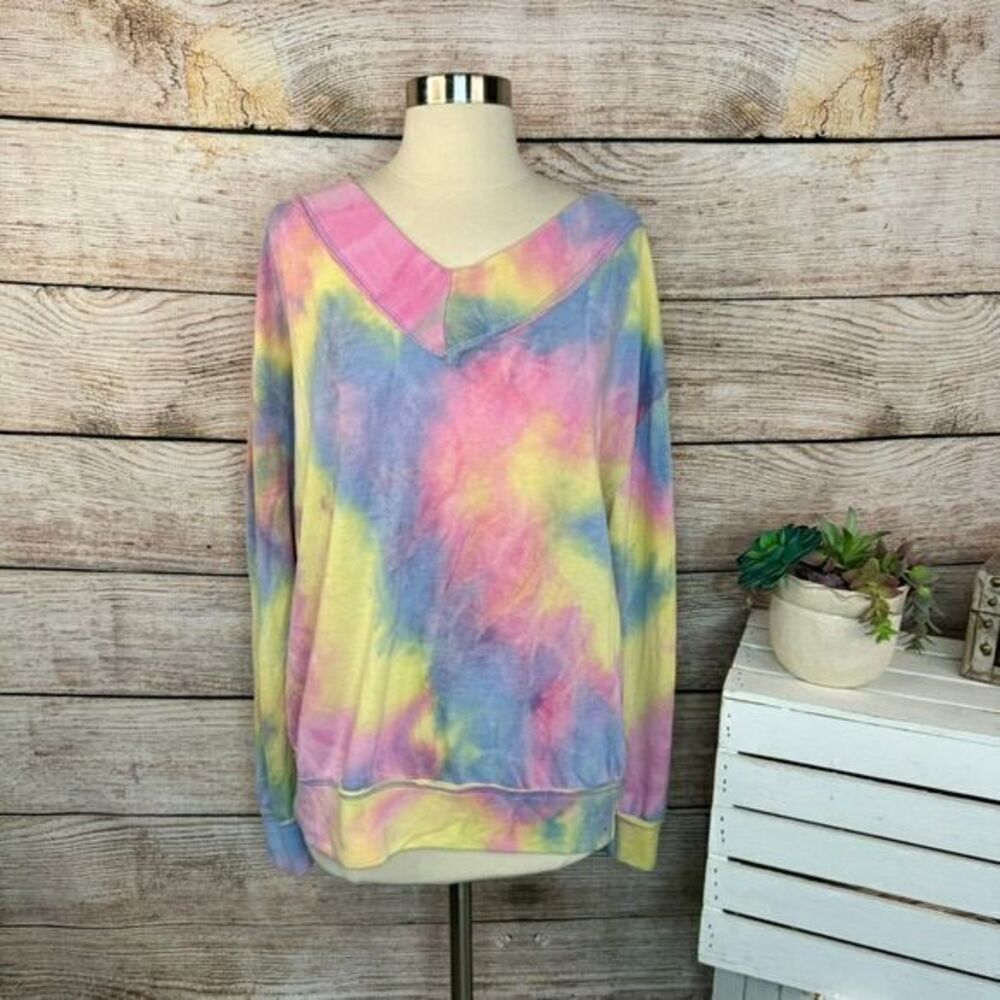 5/$25 Adore Vibrant Tie-Dye V-Neck Sweatshirt Pastel Long Sleeve Top Size Small